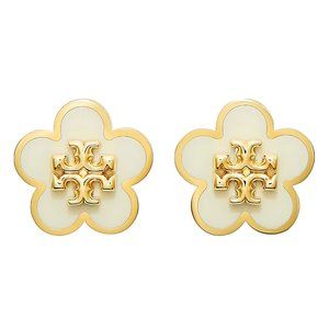 🌈 Tory Burch Kira Enamel Flower Stud Earrings - Ivory with Dust Bag